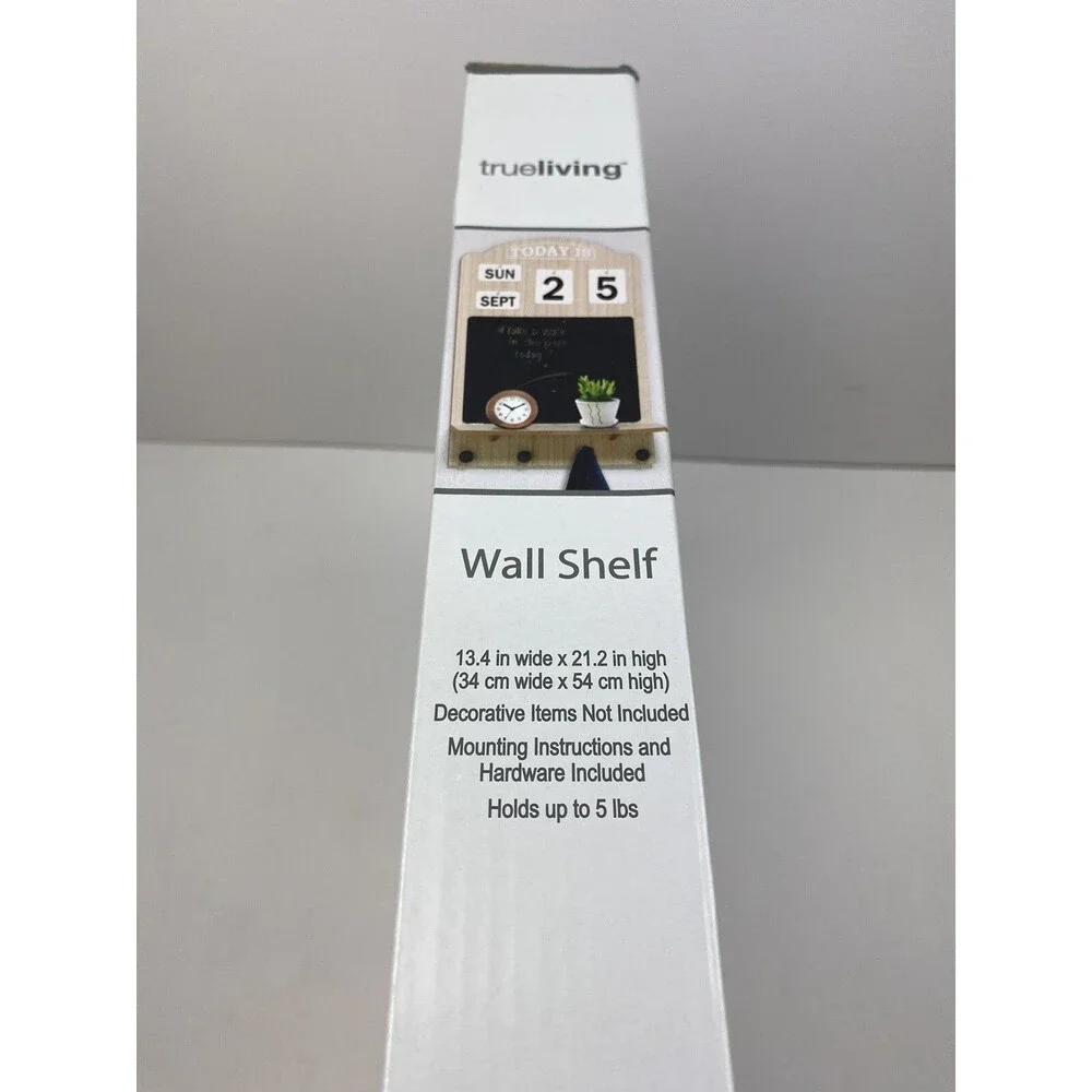 Wall Mounted Wooden Shelf Chalkboard Calendar Decor Display 4 Hooks Brown - New